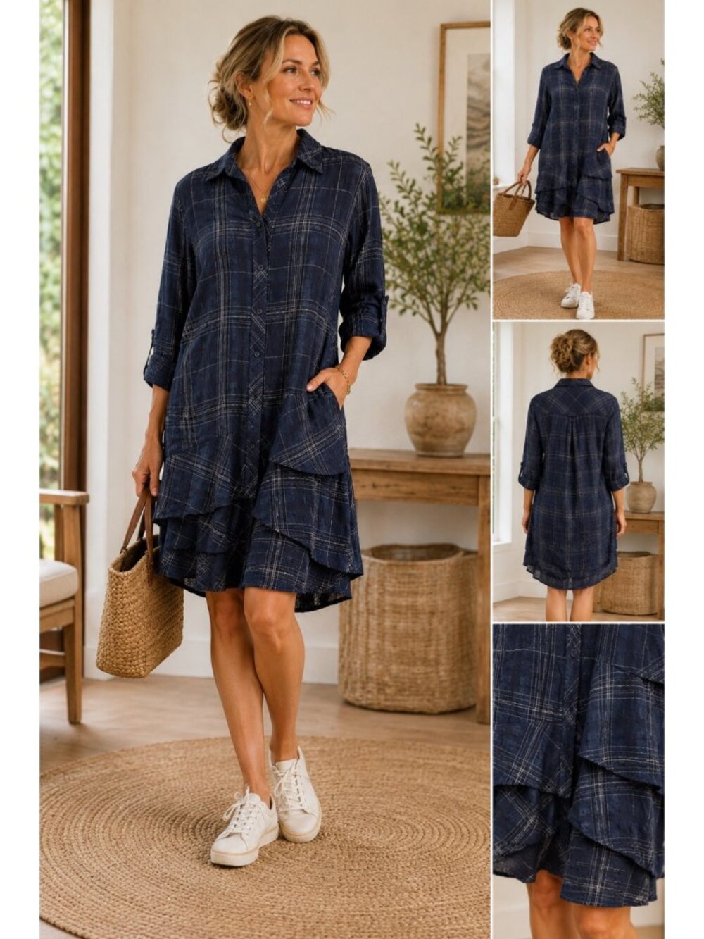 Finley Navy Plaid Linen Cotton Shirt Dress Tunic L Made in USA Layered Hem Minim